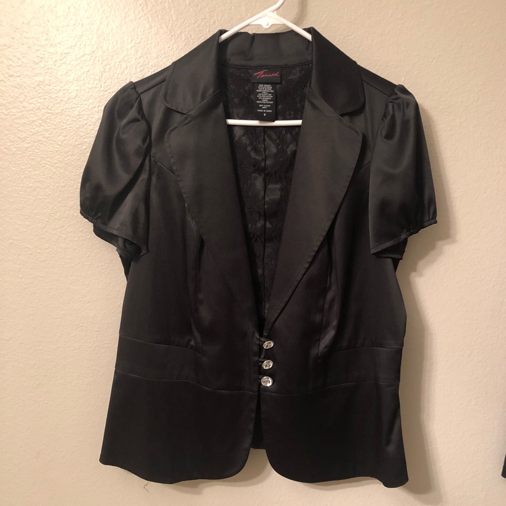COPY - Black, holiday, dressy, short-sleeve blazer top.